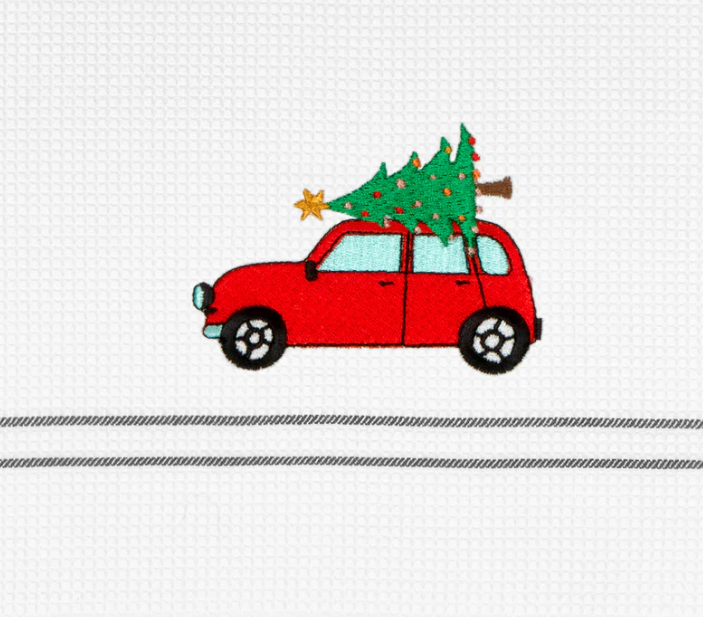 Wafeltheedoek met auto en kerstboom